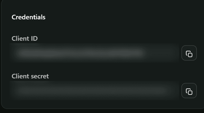The Dev Dashboard Settings, Credentials page showing the Client ID and a blurred Client secret.
