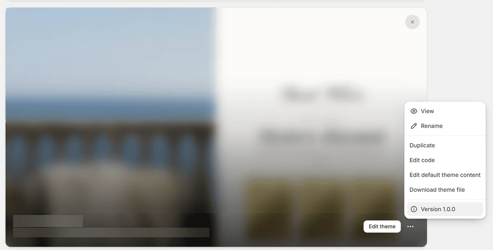 Shopify admin, Online Store, Themes, with the three-dots menu of the live theme open on "Edit code".