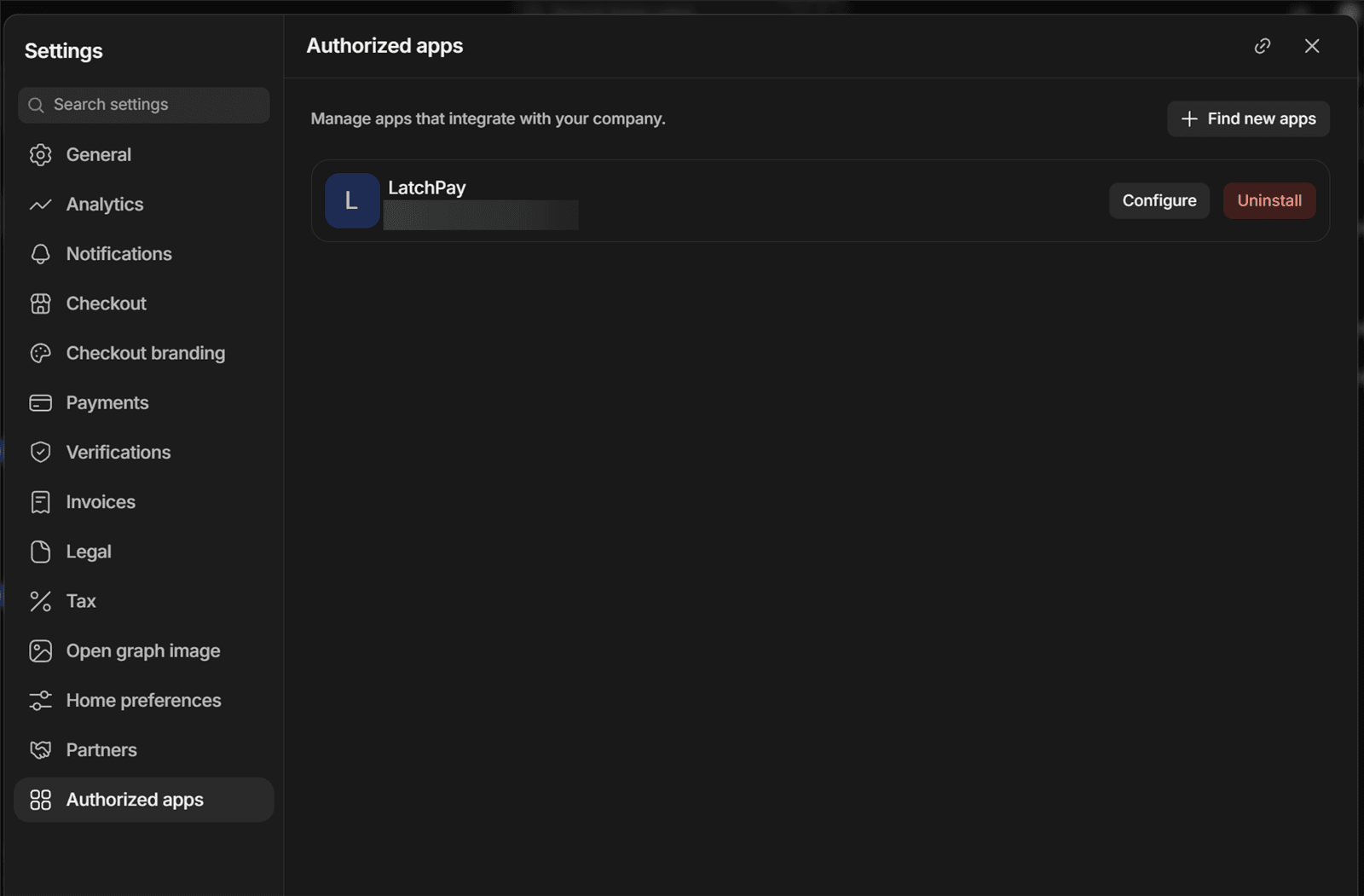 The Whop business dashboard, Settings, Authorized apps, listing the LatchPay app.