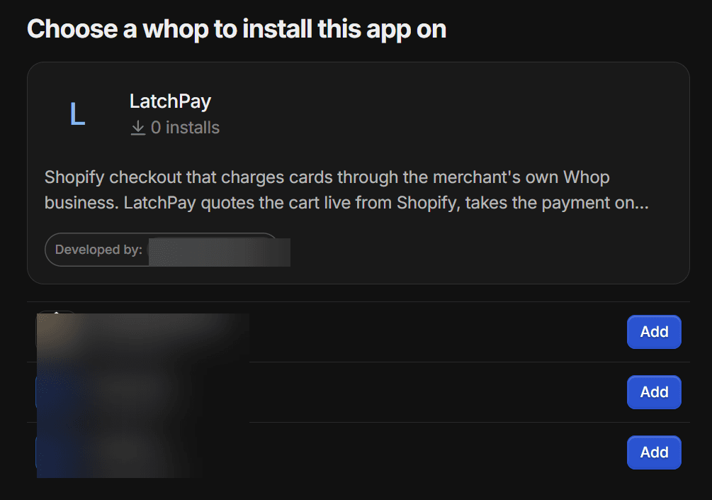 The Whop install page for the LatchPay app: a business picker and the list of permissions the app asks for.